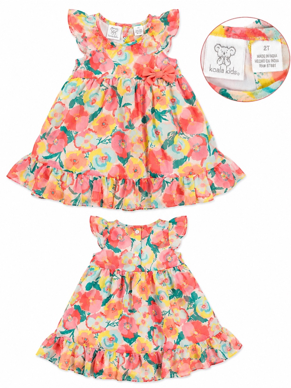 Koala Kids Coral Pink Floral Ruffle Dress with Bow